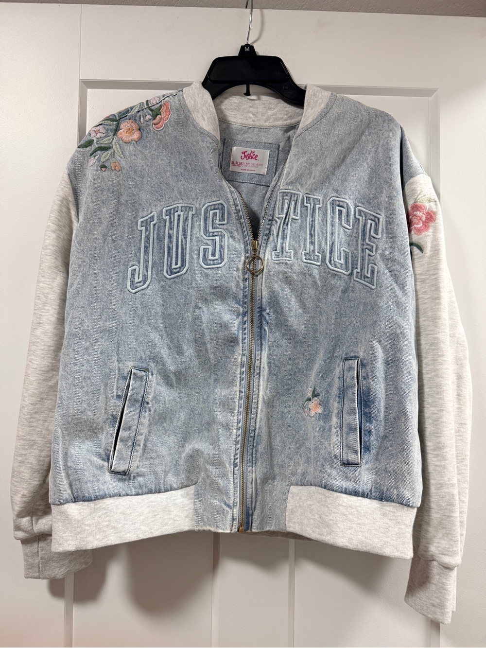 Justice Girls' Light Blue Denim Bomber Jacket with Floral Embroidery